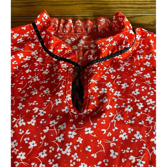 SHEIN Blouse Size Small Red Floral Ruffle Neck & Wrist Tie Neck Silky Top Dressy - Picture 2 of 11
